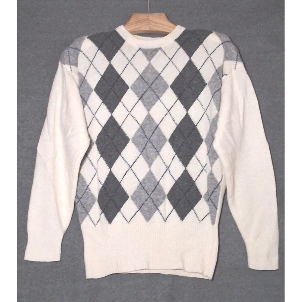 Vtg Lizsport Cream Grey Argyle Cotton Knit Sweater Preppy Academia Y210 - Small